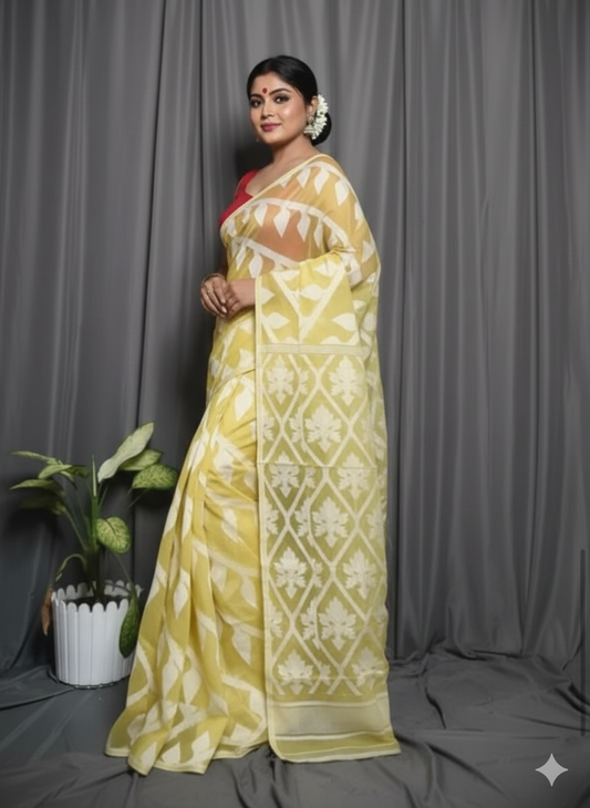 Bengal Handloom Yellow Jamdani Saree – A Blend of Tradition and Modern Sophistication