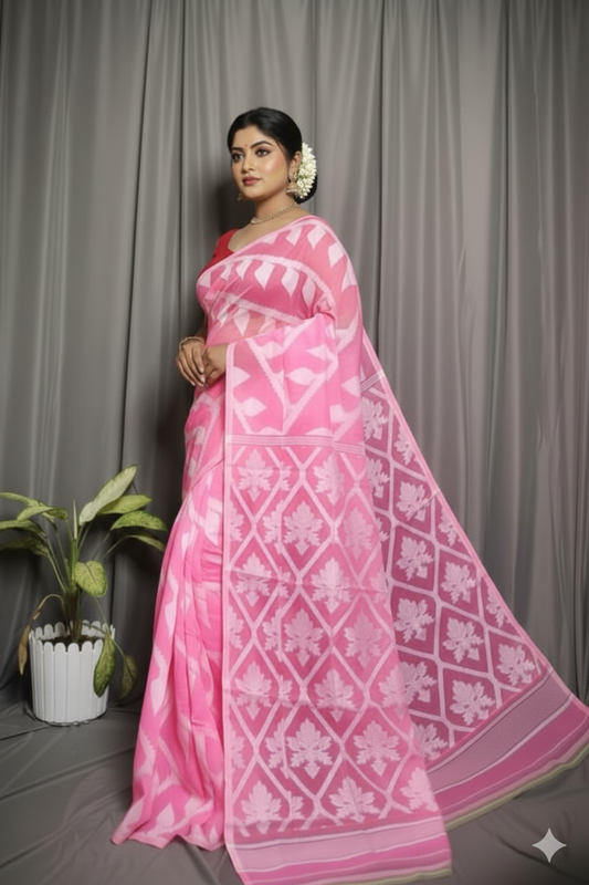 Bengal Handloom Pink Jamdani Saree – A Blend of Tradition and Modern Sophistication