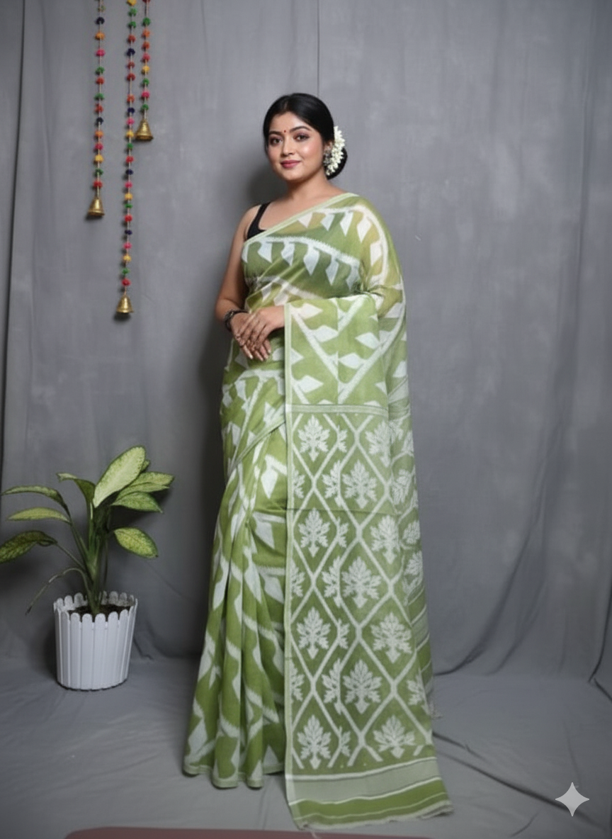 Bengal Handloom Pastel Green Jamdani Saree – A Blend of Tradition and Modern Sophistication