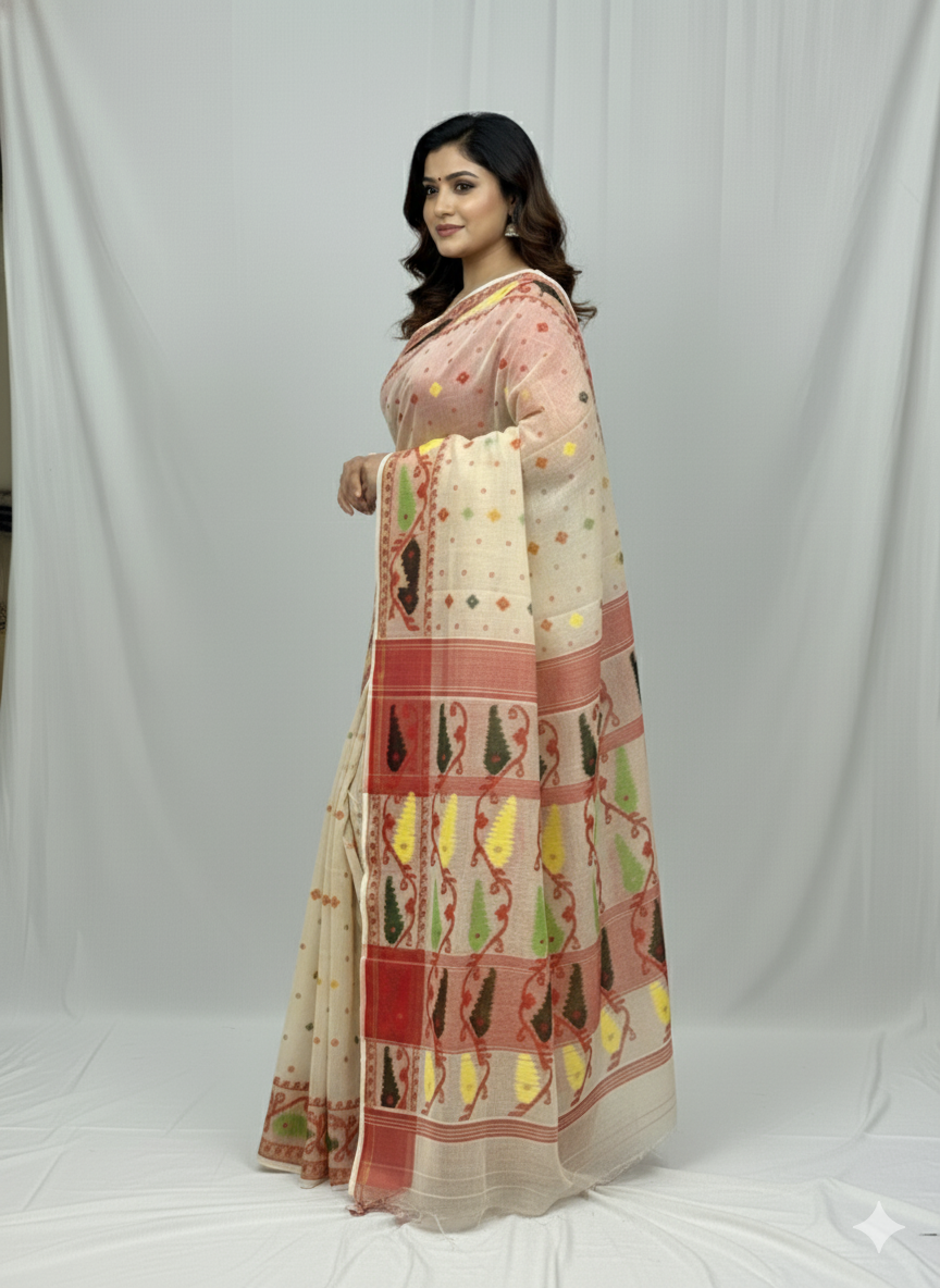 Bengal Handloom Beige Jamdani Saree – A Blend of Tradition and Modern Sophistication