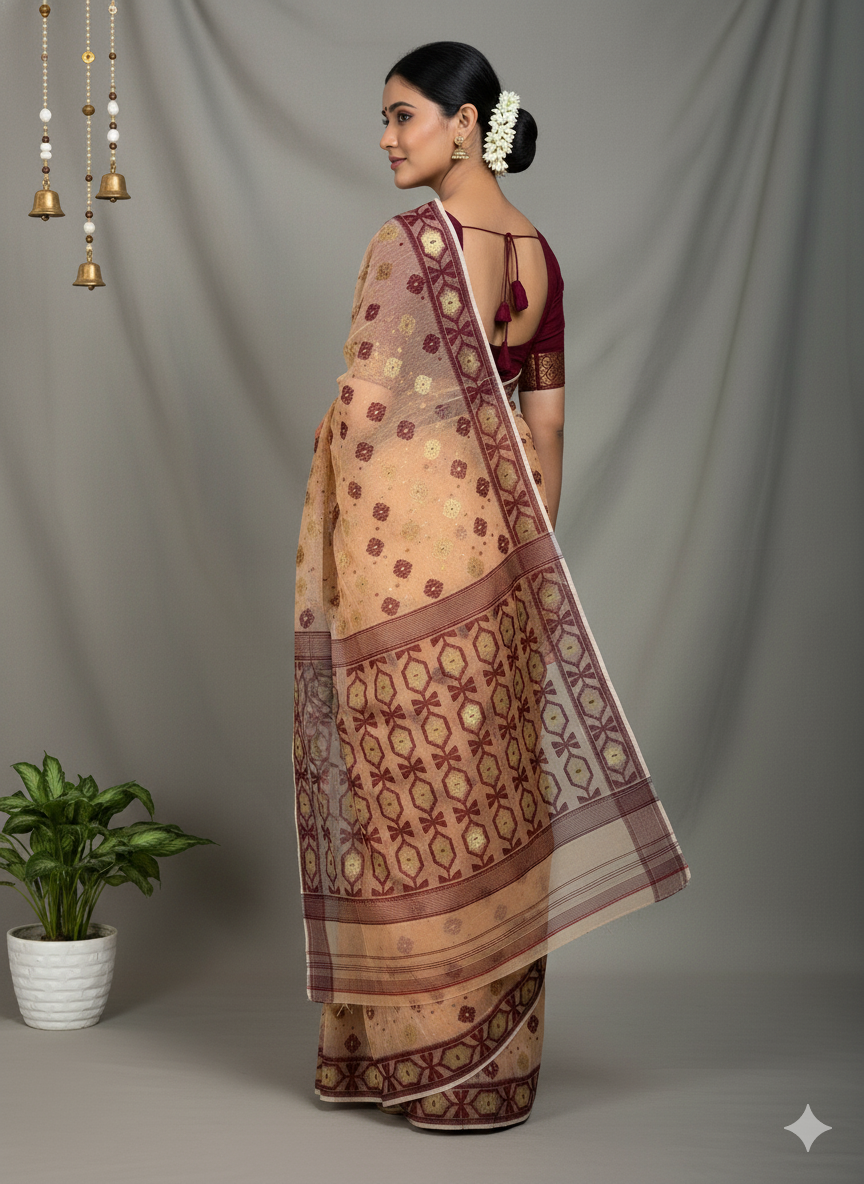 Handwoven Beige & Maroon Traditional Jamdani Cotton Saree