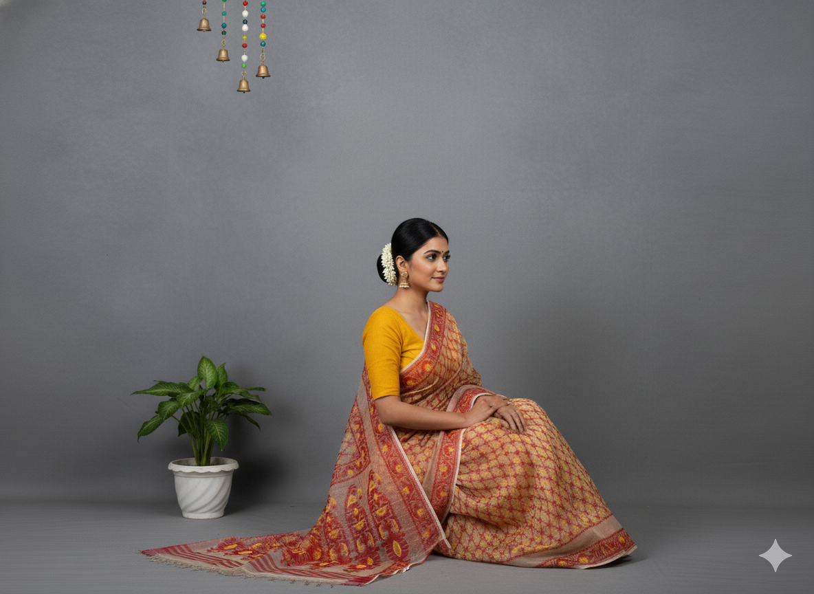 Handwoven Yellow & Red Motifs White Jamdani Saree