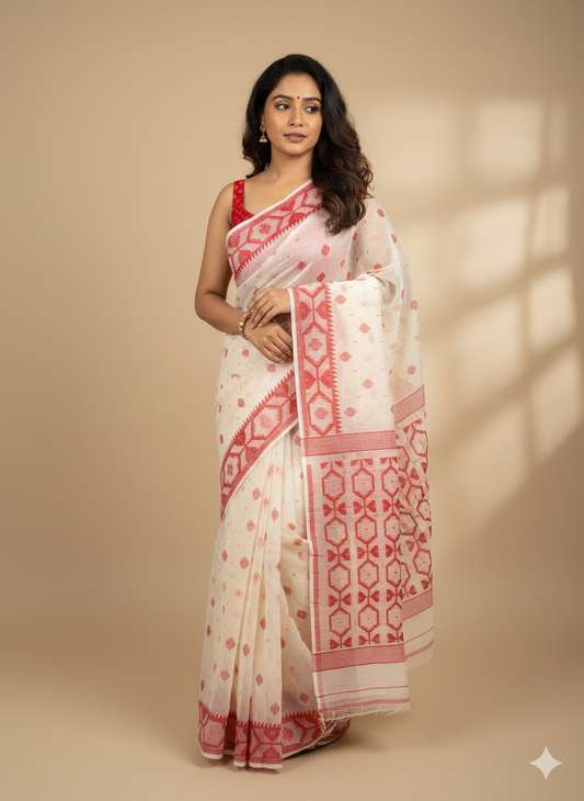 Bengal Handloom Cream Jamdani Saree – A Blend of Tradition and Modern Sophistication
