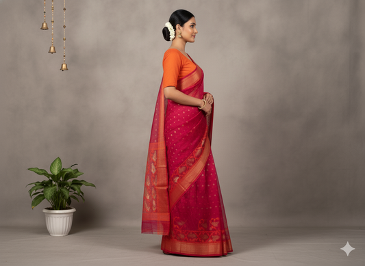 Handwoven Red & Yellow Jamdani Saree with Subtle Motifs