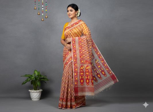Handwoven Yellow & Red Motifs White Jamdani Saree