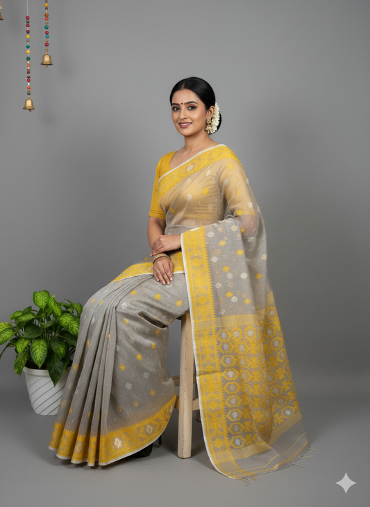 Grey & Yellow Jamdani Saree with Subtle Motifs