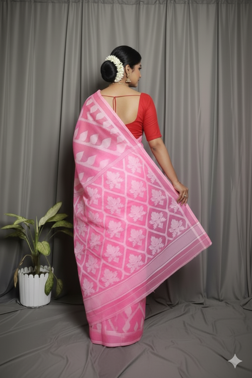 Bengal Handloom Pink Jamdani Saree – A Blend of Tradition and Modern Sophistication