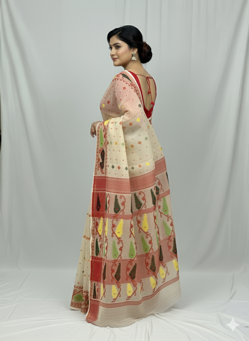 Bengal Handloom Beige Jamdani Saree – A Blend of Tradition and Modern Sophistication