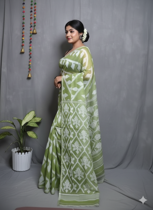 Bengal Handloom Pastel Green Jamdani Saree – A Blend of Tradition and Modern Sophistication