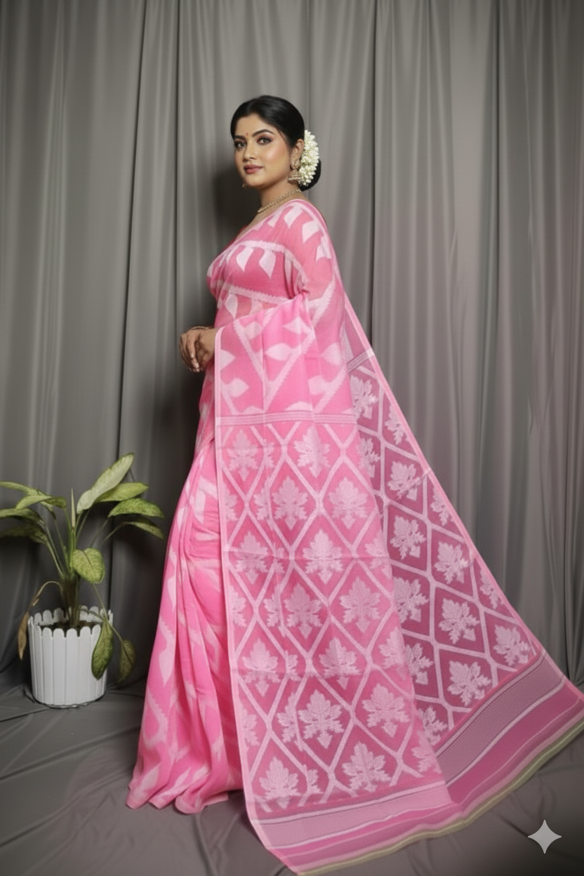 Bengal Handloom Pink Jamdani Saree – A Blend of Tradition and Modern Sophistication