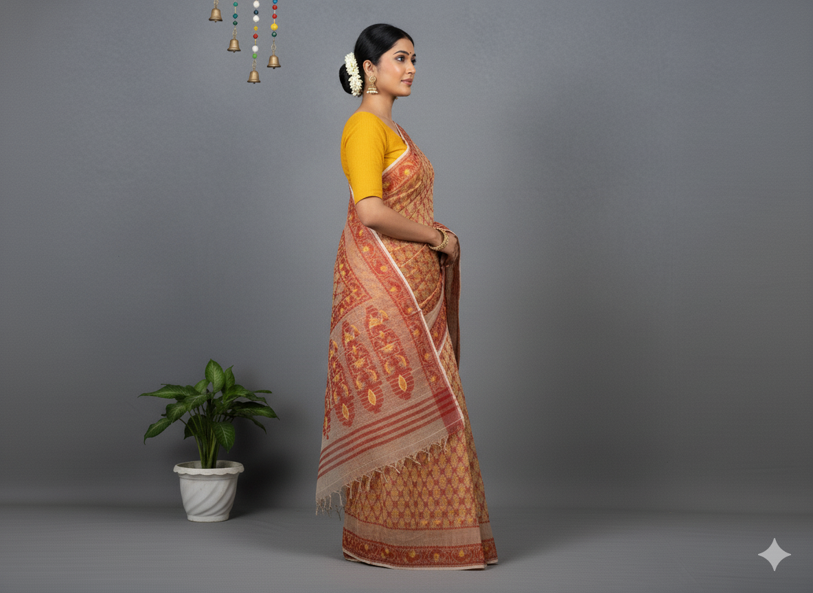 Handwoven Yellow & Red Motifs White Jamdani Saree