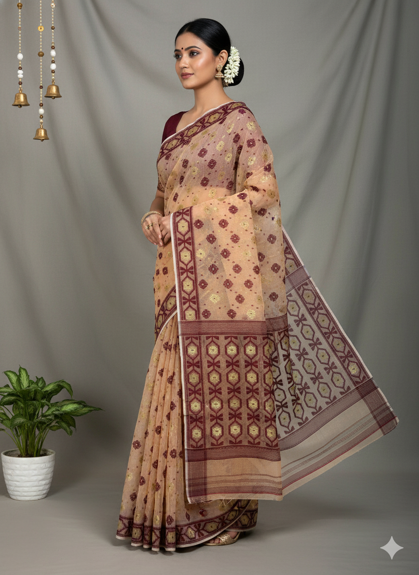 Handwoven Beige & Maroon Traditional Jamdani Cotton Saree
