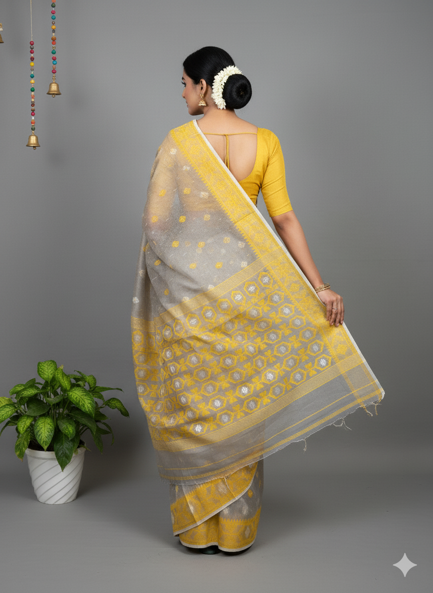 Grey & Yellow Jamdani Saree with Subtle Motifs