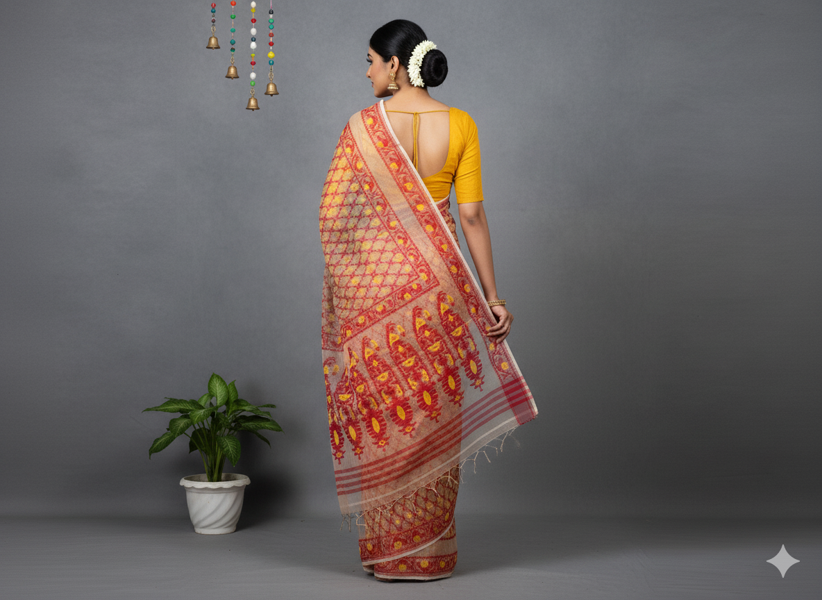 Handwoven Yellow & Red Motifs White Jamdani Saree