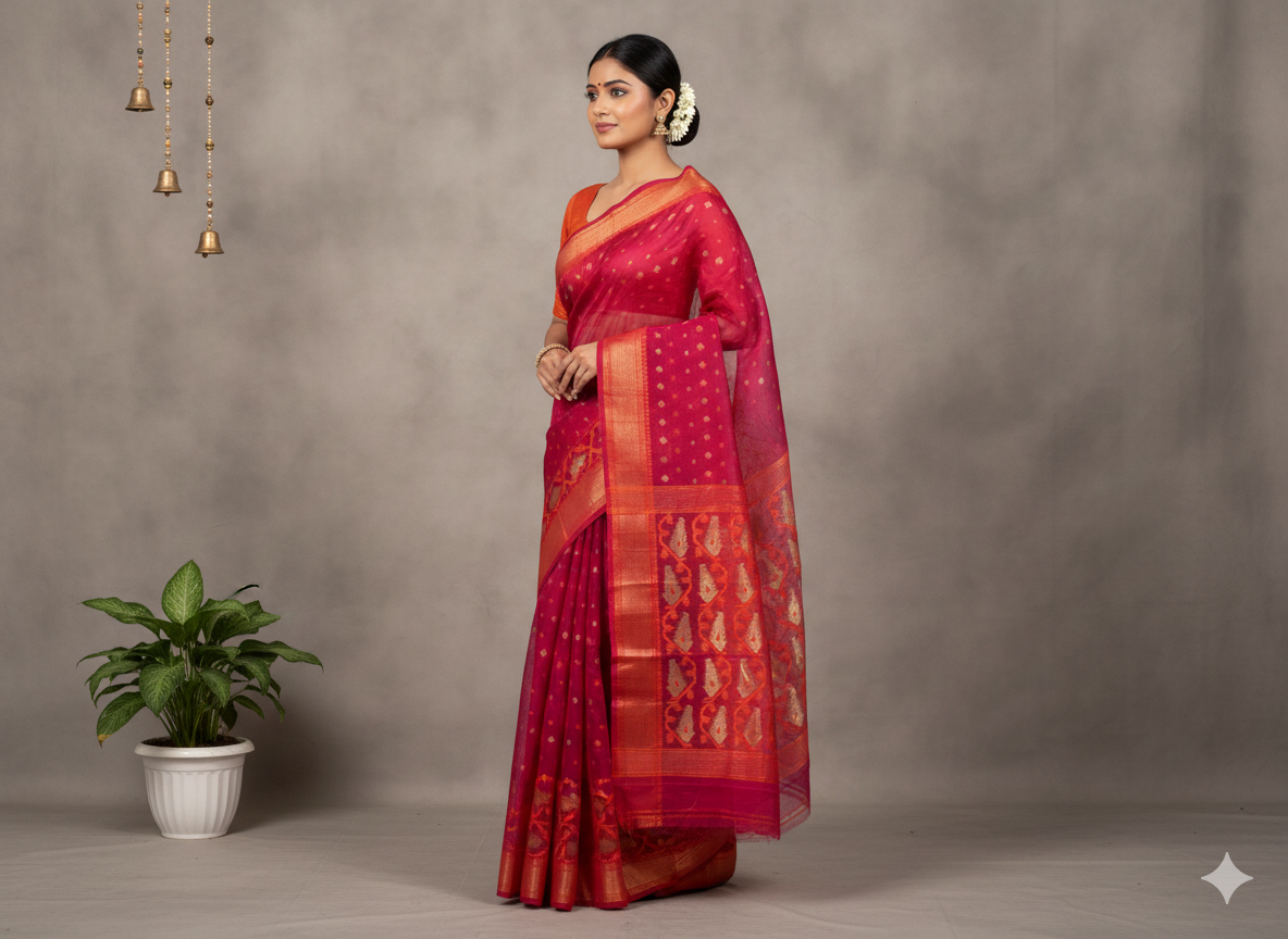 Handwoven Red & Yellow Jamdani Saree with Subtle Motifs