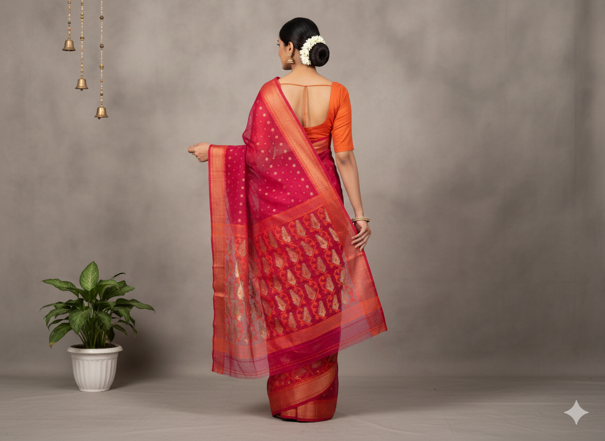 Handwoven Red & Yellow Jamdani Saree with Subtle Motifs