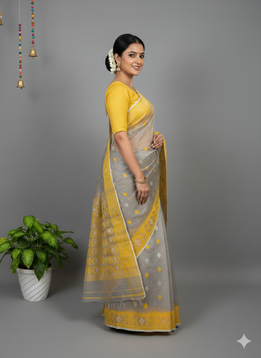 Grey & Yellow Jamdani Saree with Subtle Motifs