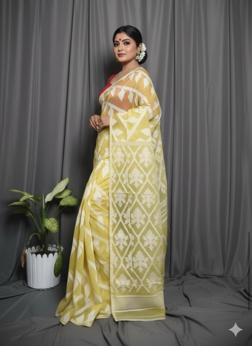 Bengal Handloom Yellow Jamdani Saree – A Blend of Tradition and Modern Sophistication