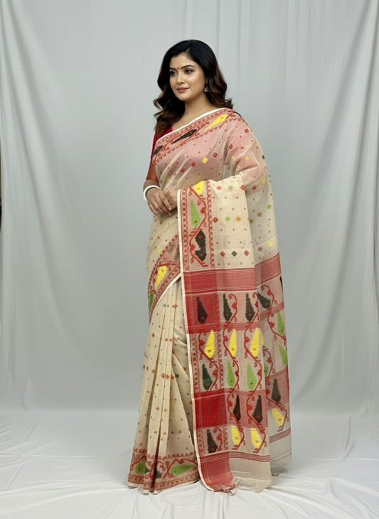 Woman wearing a traditional saree with a white and red border against a plain background