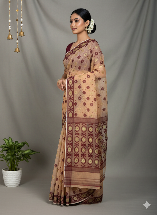Handwoven Beige & Maroon Traditional Jamdani Cotton Saree