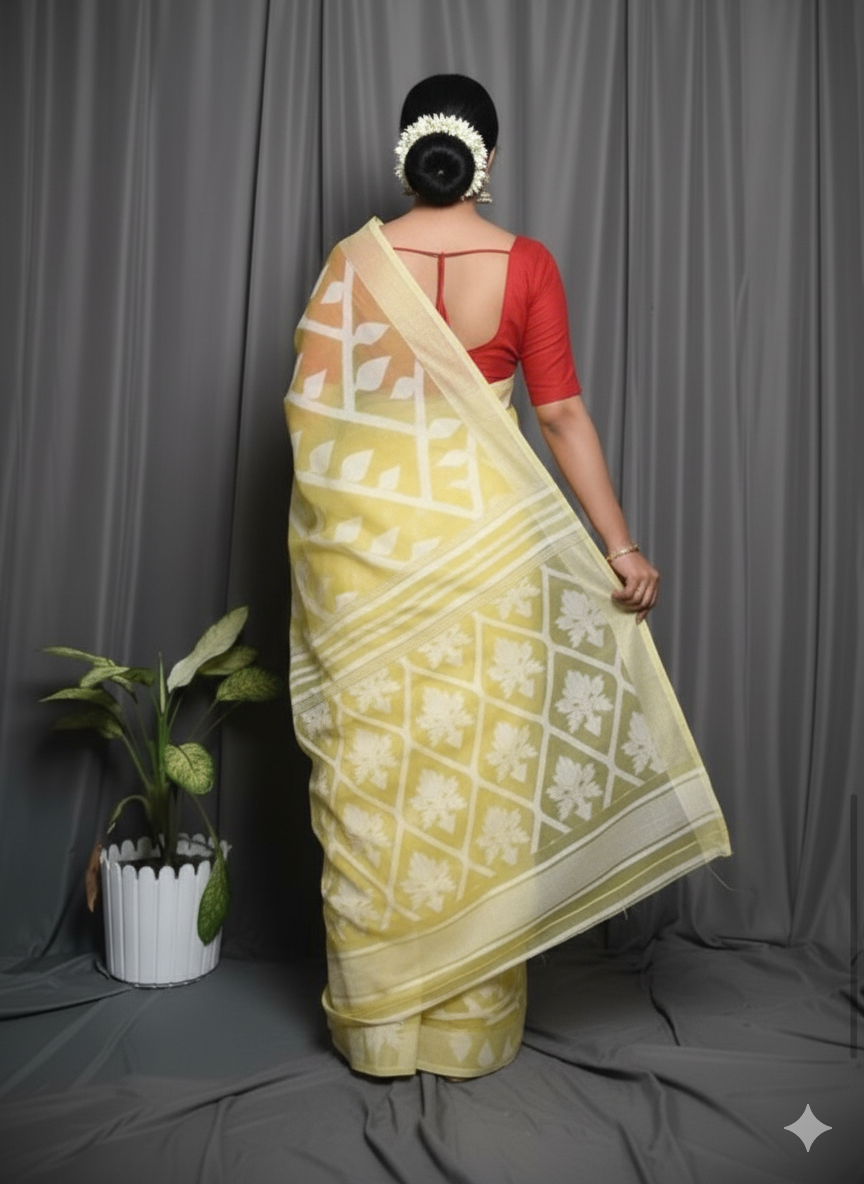 Bengal Handloom Yellow Jamdani Saree – A Blend of Tradition and Modern Sophistication