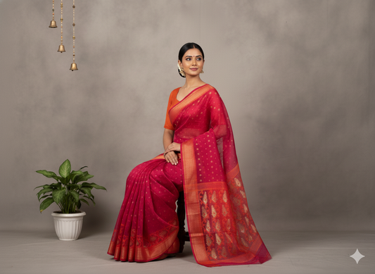 Handwoven Red & Yellow Jamdani Saree with Subtle Motifs