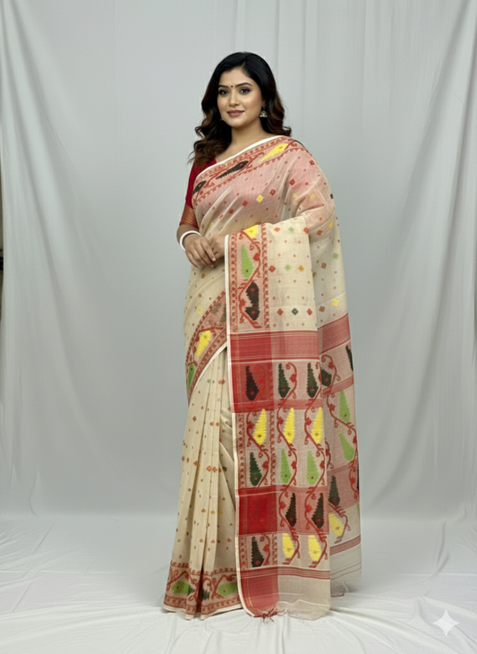 Bengal Handloom Beige Jamdani Saree – A Blend of Tradition and Modern Sophistication