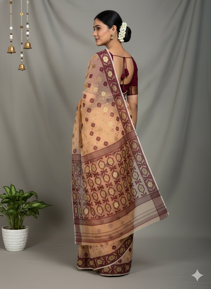 Handwoven Beige & Maroon Traditional Jamdani Cotton Saree