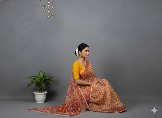 Handwoven Yellow & Red Motifs White Jamdani Saree
