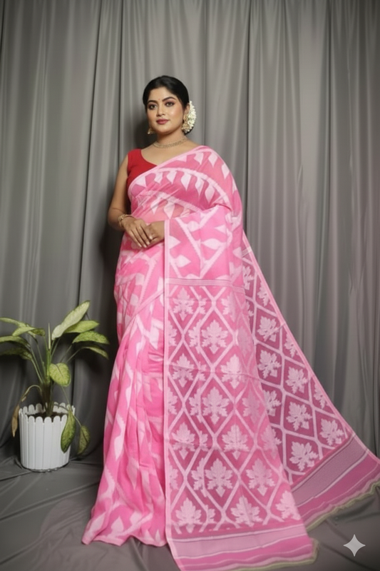 Bengal Handloom Pink Jamdani Saree – A Blend of Tradition and Modern Sophistication