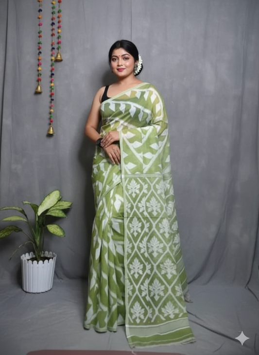 Bengal Handloom Pastel Green Jamdani Saree – A Blend of Tradition and Modern Sophistication