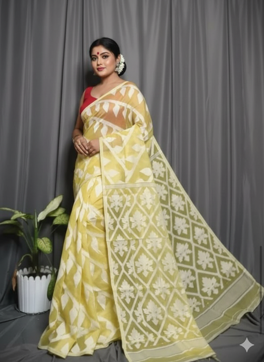Bengal Handloom Yellow Jamdani Saree – A Blend of Tradition and Modern Sophistication