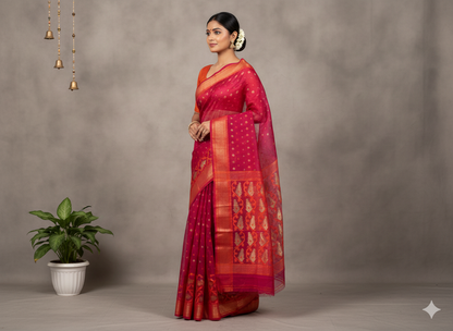 Handwoven Red & Yellow Jamdani Saree with Subtle Motifs
