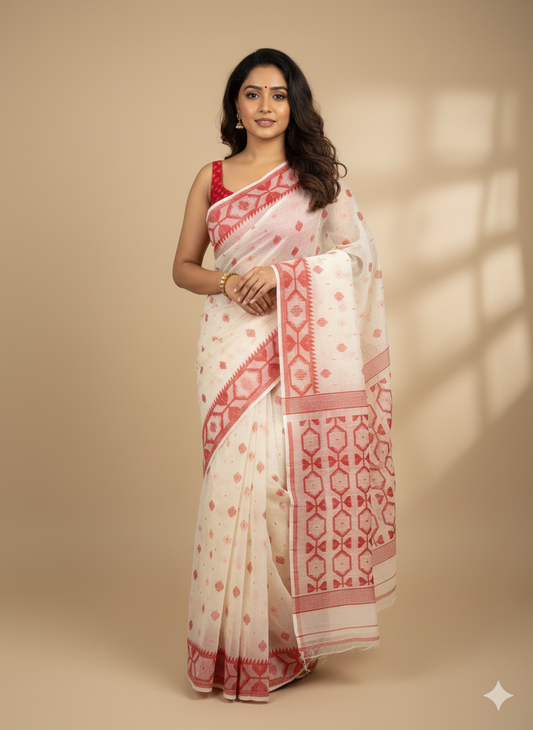 Bengal Handloom Cream Jamdani Saree – A Blend of Tradition and Modern Sophistication