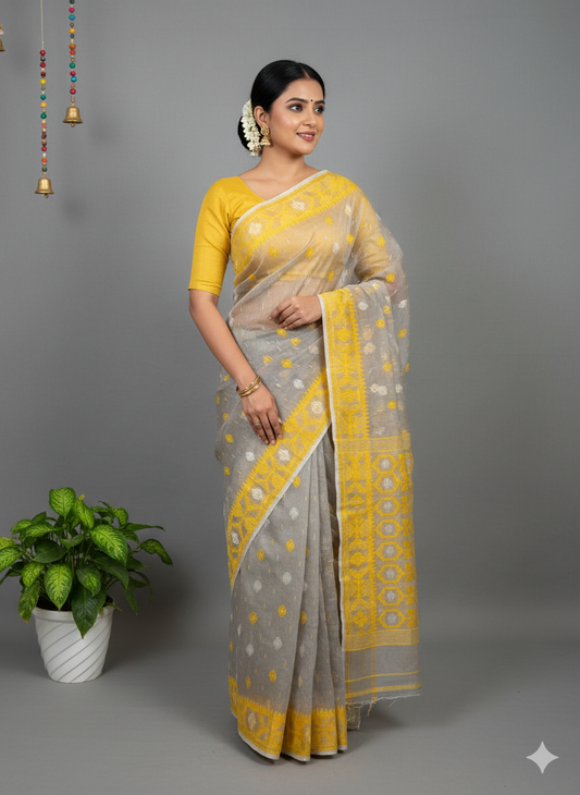 Grey & Yellow Jamdani Saree with Subtle Motifs