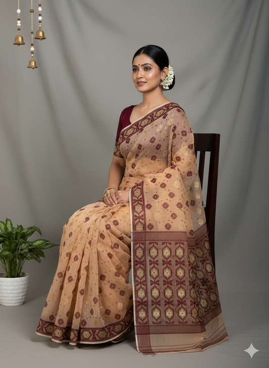 Handwoven Beige & Maroon Traditional Jamdani Cotton Saree